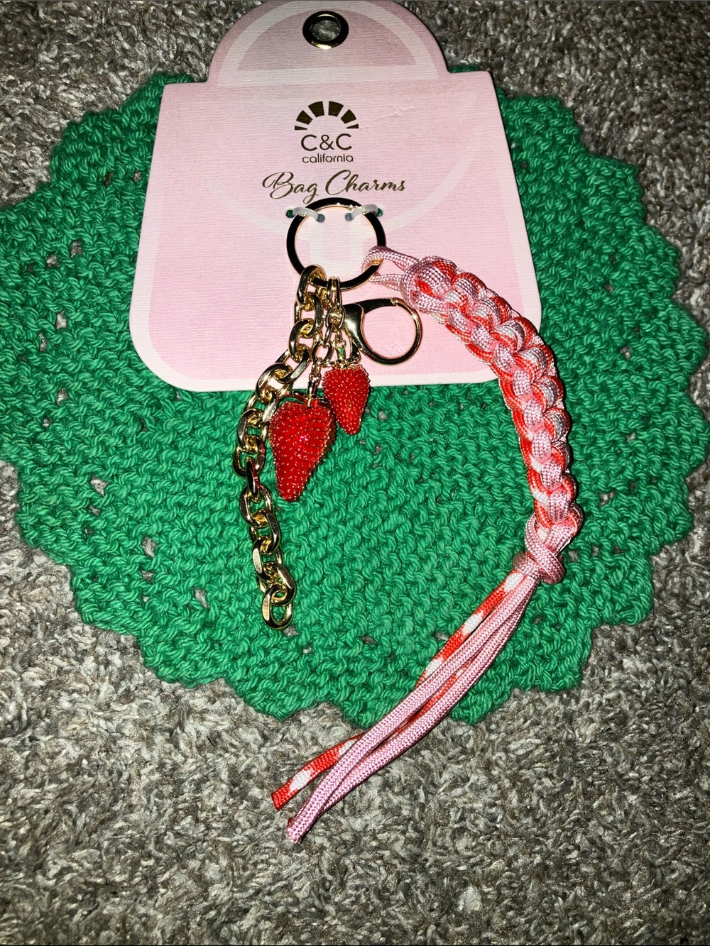 C&C California Pink Braided Strap with Red Strawberry Charm Keychain Bag Charm